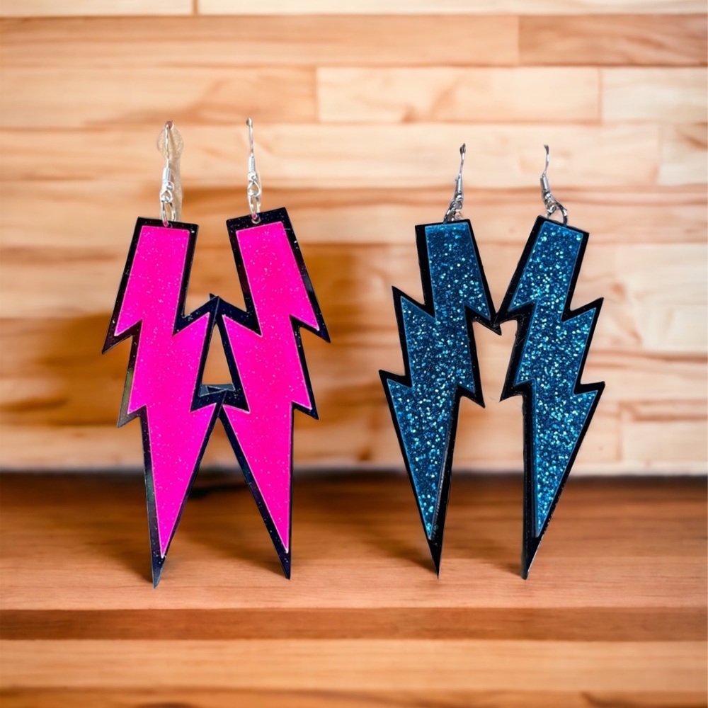New 2 pair bundle Hot pink/Blue and black glitter lightning earrings